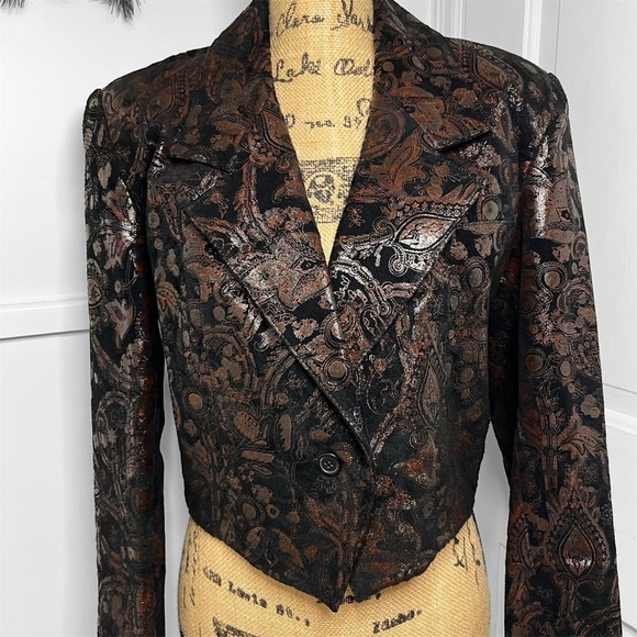 Vintage Pia Rucci Leather and Suede Black and Copper Jacquard Cropped Jacket - Picture 2 of 14